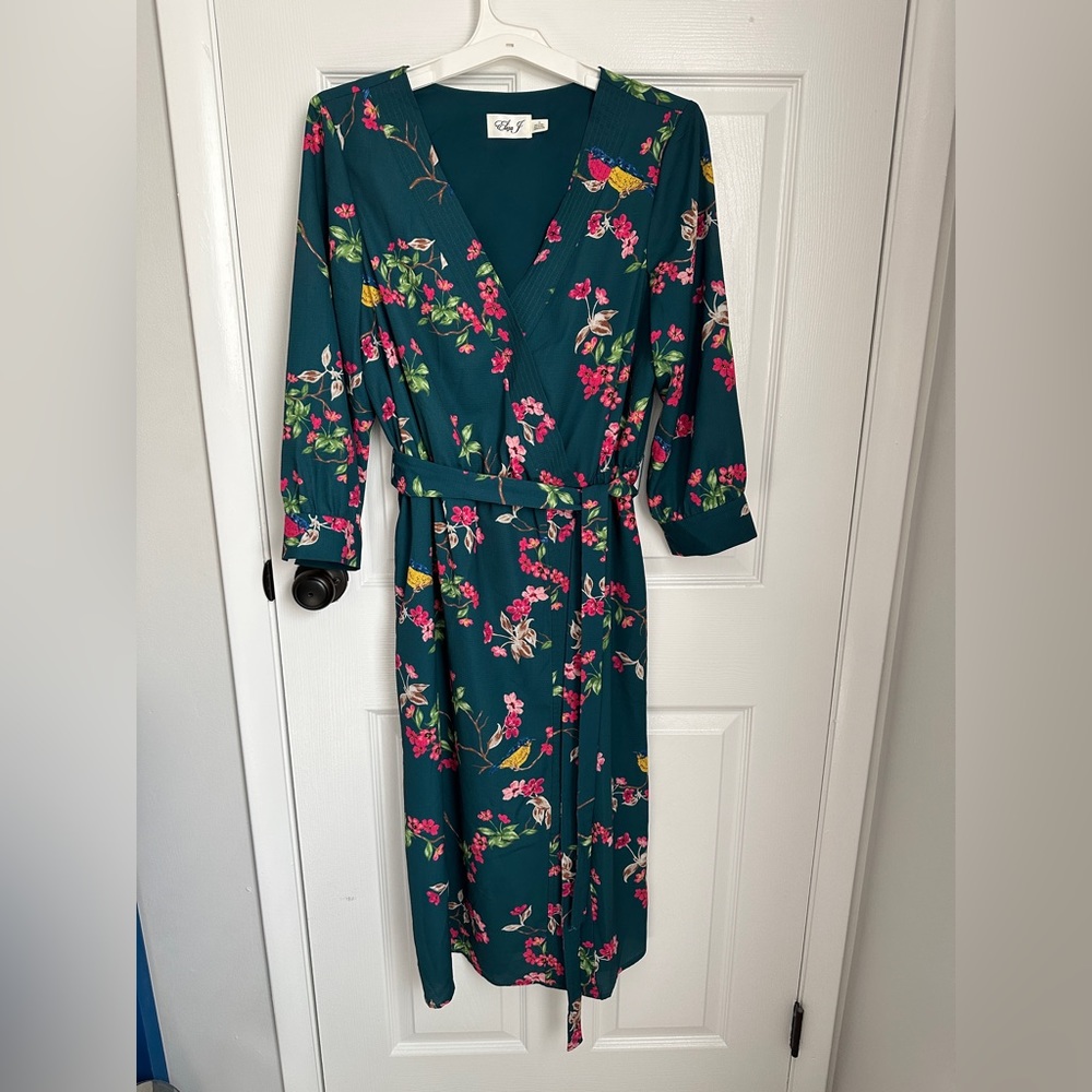 Eliza J rich green floral faux wrap dress, 12